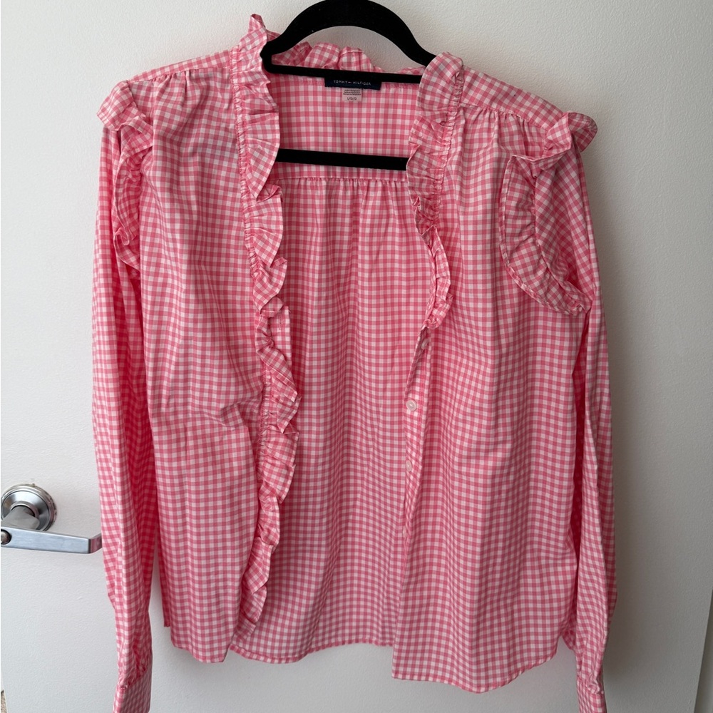 Like New Tommy Hilfiger Pink Gingham Ruffle Blouse Large